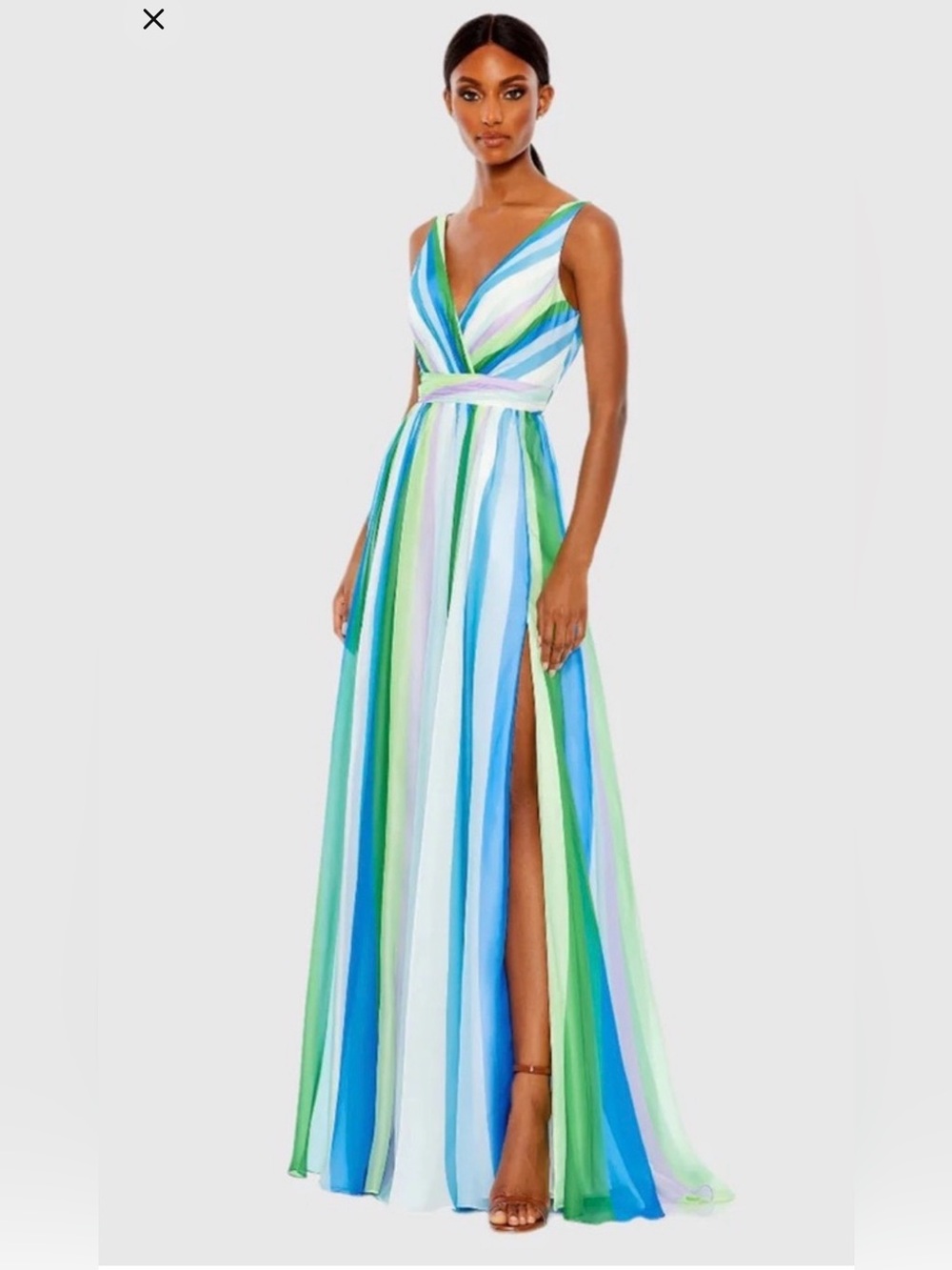 Mac Duggal Striped Maxi Dress in Blue, Green & White